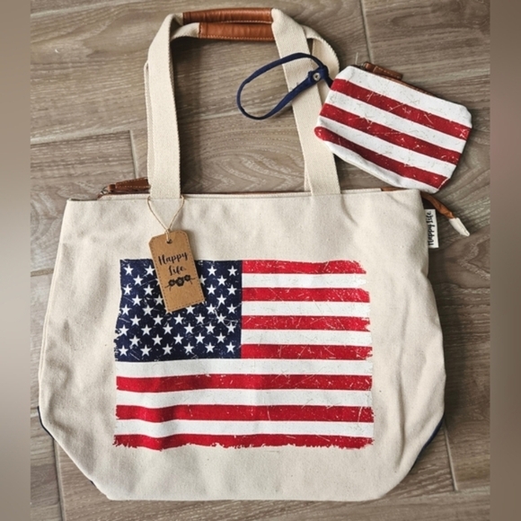 Happy Life Handbags - AMERICAN FLAG CANVAS TOTE & WRISTLET